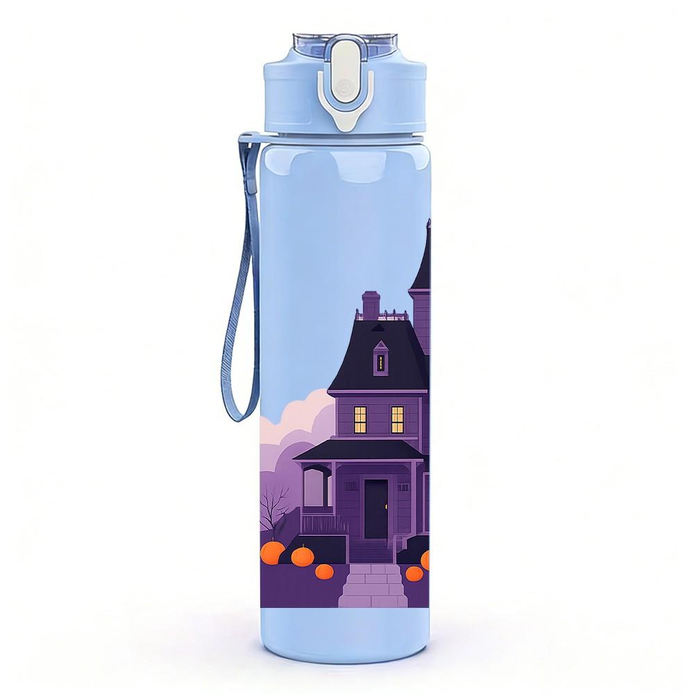 1PC Spooky Purple Castle House Print 750ml Color Plastic Sports Water Bottle Leakproof Flip Straw Lid Suitable for Sports Office Home Use