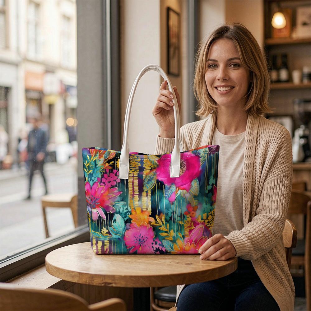 Colorful Floral Pattern Tote Bag Stylish Shoulder Bag for Daily Use