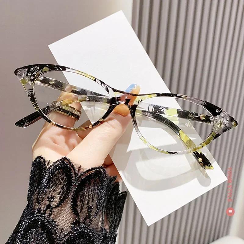Diamond Fashion Presbyopia Glasses Ultralight Luxury Cat Eye Hyperopia Eyeglasses Women Men's Far Sight Eyewear Diopter +1.0+1.5