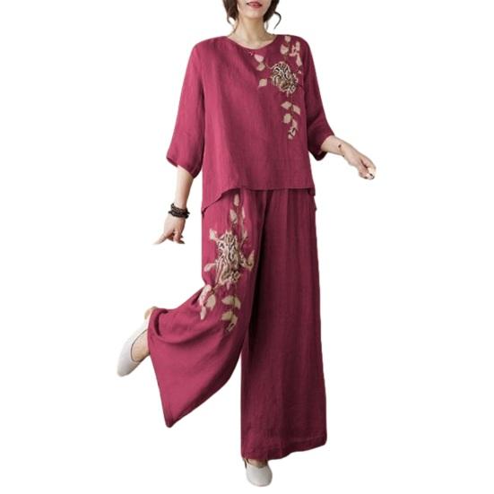 Женские костюмы-двойки с рукавом 3/4, винтажные вышитые рубашки, комплект брюк с широкими штанинами, летний повседневный комплект из хлопка и льна