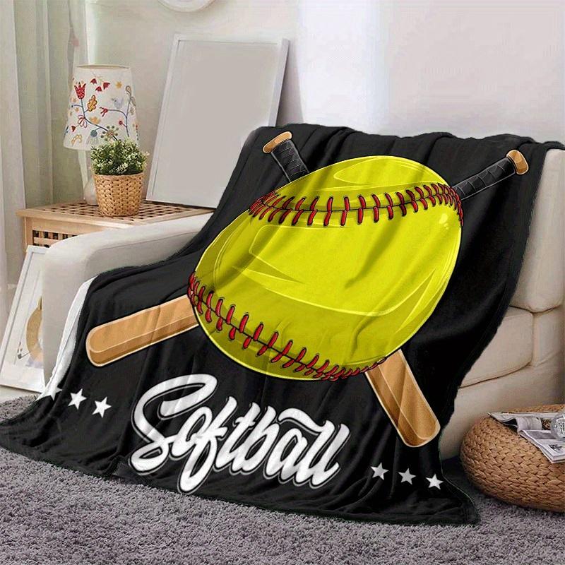 1pc Softball Printing Lightweight Flannel Blanket, Comfortable and Warm Blanket, for Camping Sofa Bed and Couch Office, Gift