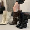 2025 New Autumn and Winter Pointed Head Thick Heel Temperament Sleeve Rivet Belt Buckle Fashion Boots Women's Trouser Tube Boots