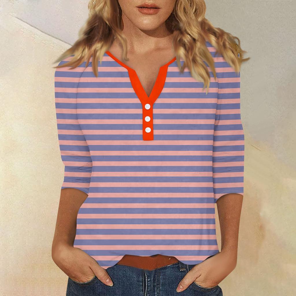 Жен. Футболка Футболка С принтом Пуговицы Рукав 3/4 Повседневные Выходные Мода Классический Классический V-образный вырез Обычный Верх