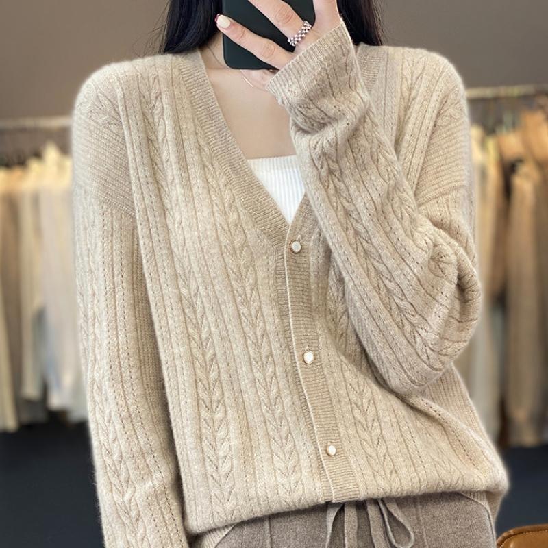 Кардиган с V-образным вырезом, с перекрученным цветочным узором для женщин на осень и зиму, свободный вязаный кардиган с длинными рукавами для свитера, куртки, топа