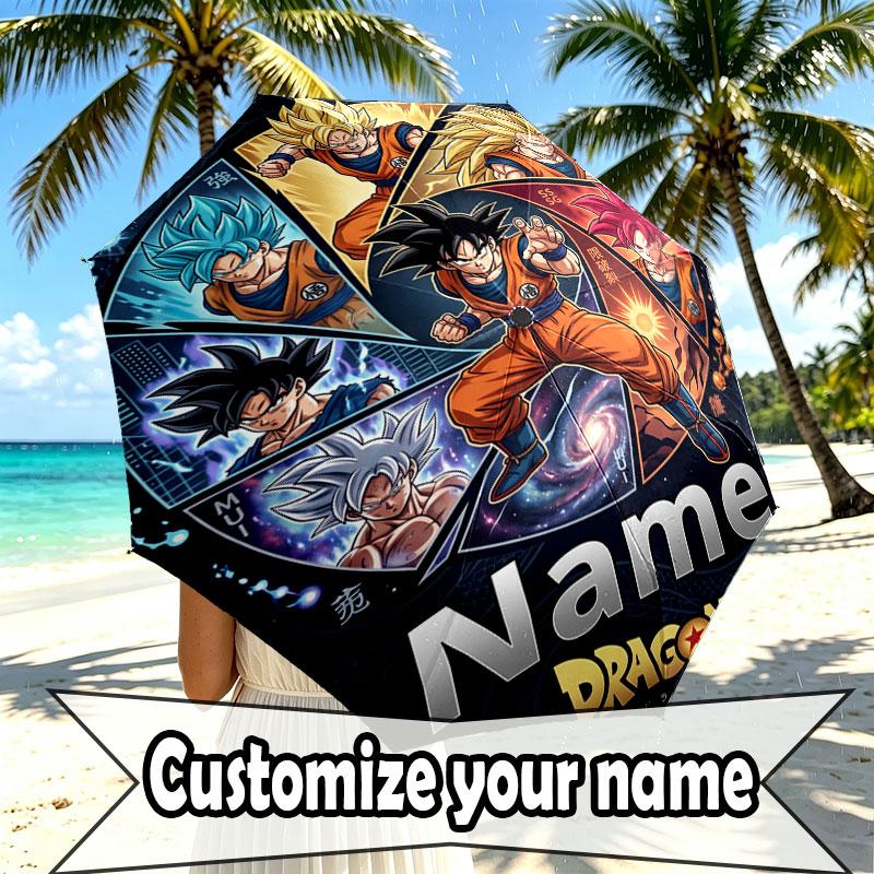 Custom Name Personalized Dragon Ball Print Umbrella, Auto Open Close, 8‑Rib Sturdy Frame, Commute Camping Hiking Use, Birthday Gift