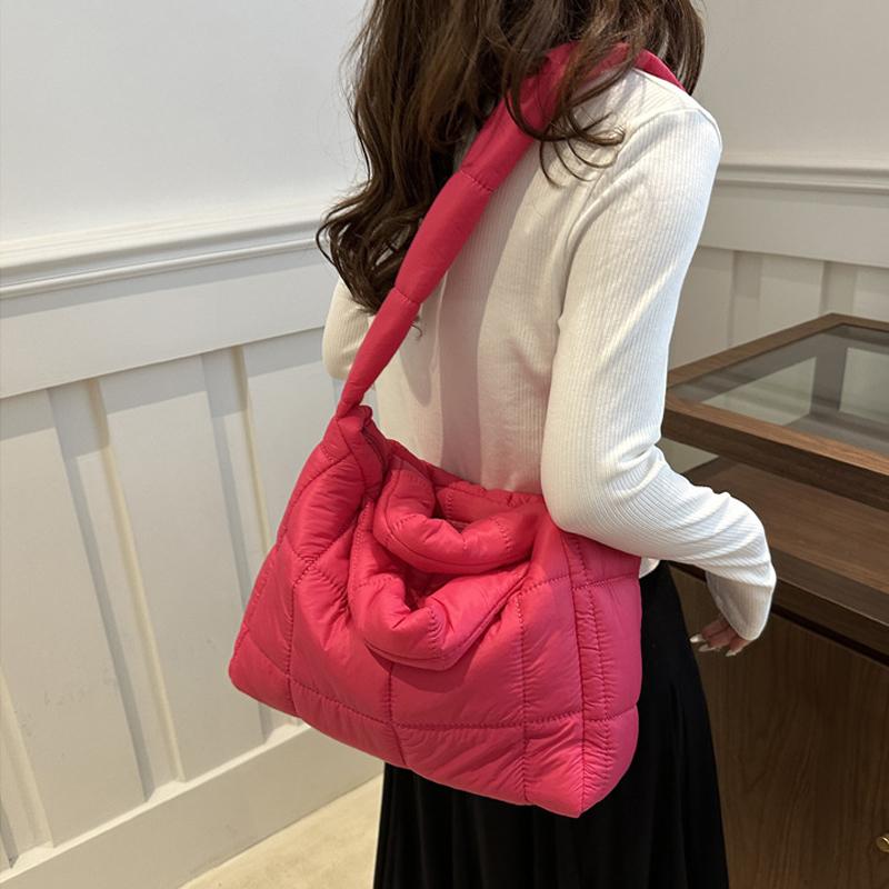 Yogodlns Solid Color Shoulder Messenger Bags Large Capacity Lightweight Quilted Totes Down Cotton Padded Puffy Handbags for Women