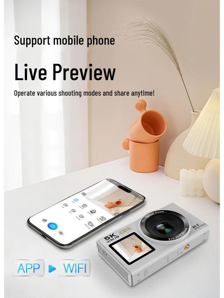 5K HD Dual-Screen Digital Camera with Selfie and WIFI Transfer To Mobile Phone