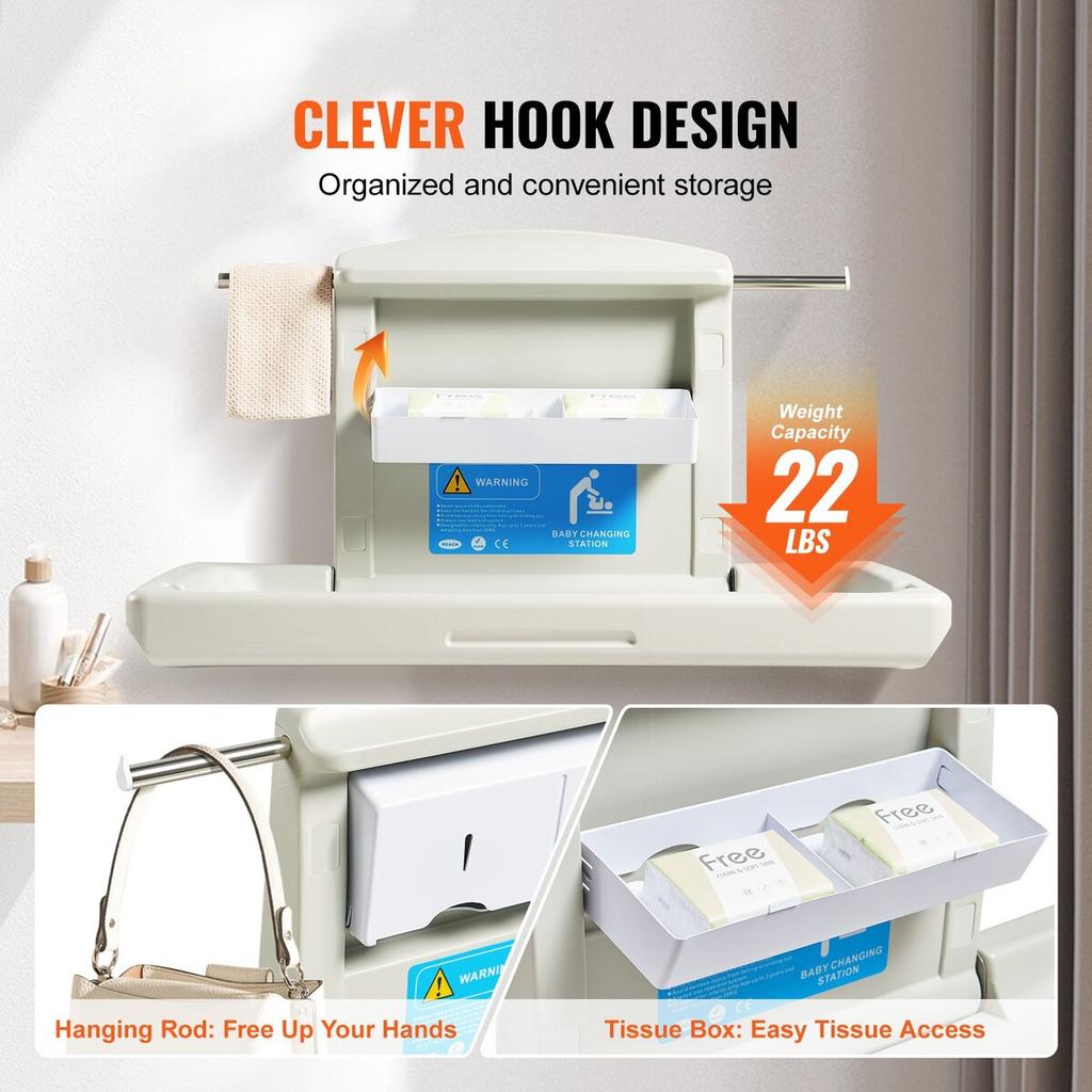 Wall-Mounted Baby Changing Station, Horizontal Foldable Diaper Change Table with Safety Straps and Hanging Rods, Use in Commercial Bathrooms, Daycare