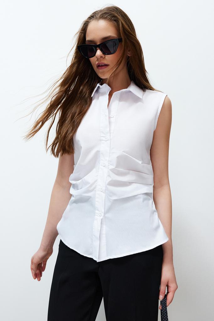 Women's Fashion Shirt Shirt Collar Sleeveless Red Pleated Fitted Waist-Fitting Woven Shirt