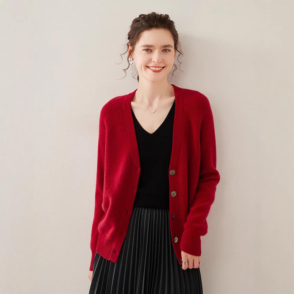 Women's Cashmere V-Neck Knit Cardigan - Warm, Loose, Slimming Sweater for Autumn & Winter