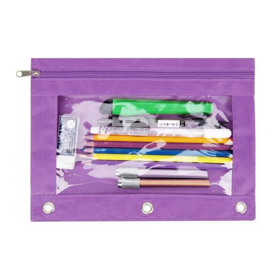 Пенал большой емкости с 3 кольцами, прозрачным окошком, застежкой-молнией и ручкой