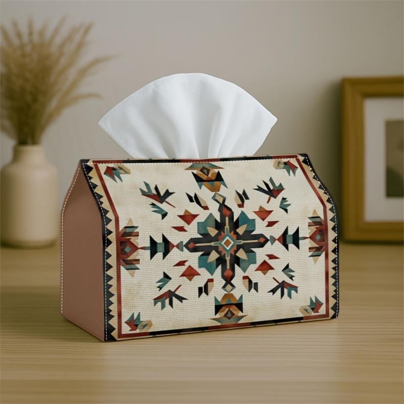 1pc Local American Tribal Tissue Box with a Geometric Symmetrical Design in Teal And Red, a Sturdy Napkin Holder Suitable for Your Car, Kitchen, Dinin