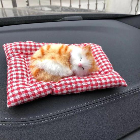 Simulation Sleeping Cat Decoration with Plaid Mat Odor Removal Bamboo Charcoal Plush Kitten Stuffed Animal Doll Home Office Desktop Car Interior