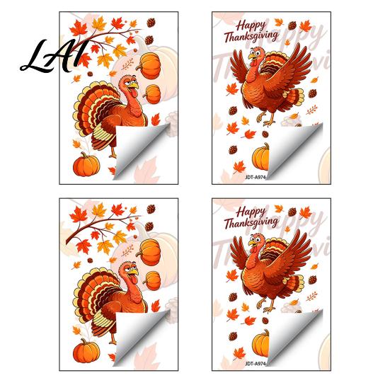 Autumn Window Decals Thanksgiving Static Clings Cartoon Double Turkey Pumpkin Maple Leaf No‑Glue Festival Atmosphere Layout Supplies Glass Decals,