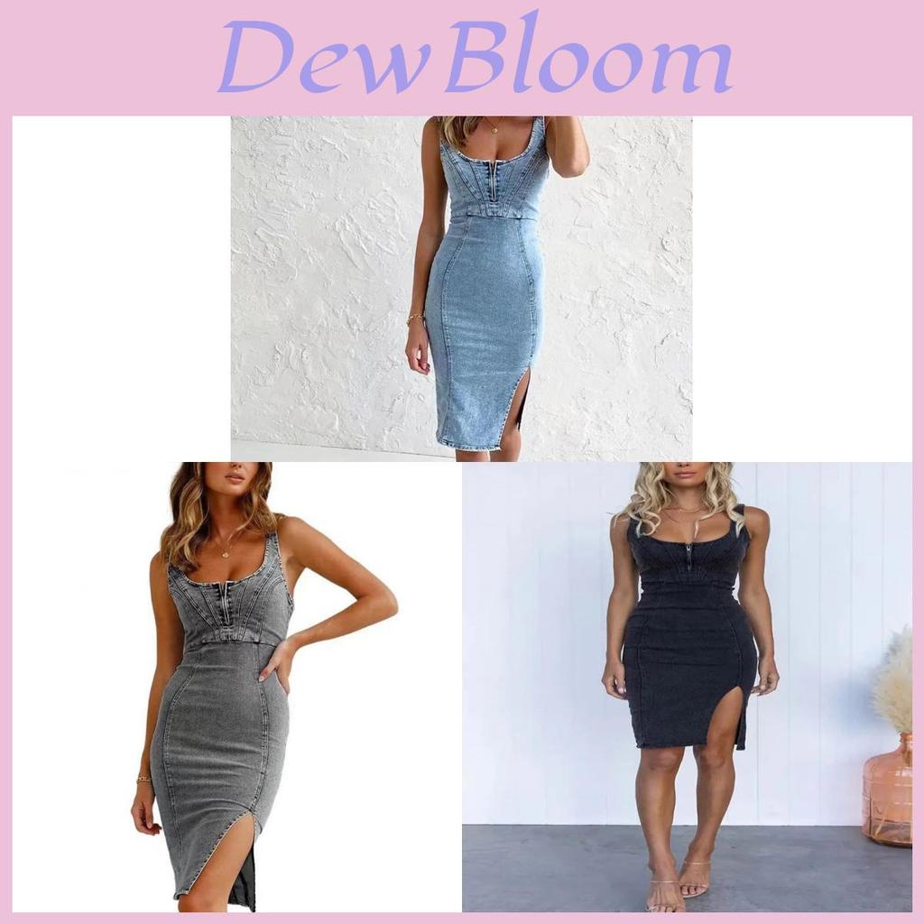 Denim Dress With Lace Vneck Sleeveless For Casual Summer Wear