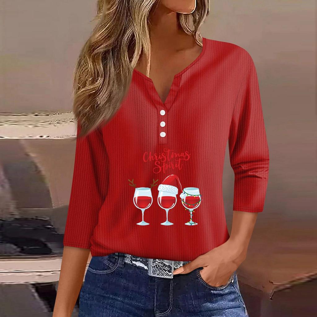 Women‘s Fashion Casual Christmas Wine Glass Printed V-neck 3/4 Sleeve Button Knit Hoodie Regular Top