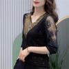 Women Summer Spring Autumn Blouses Shirts Lady Fashion Half Sleeve V-Neck Collar Sequins Lace Embroidery Blusas Tops