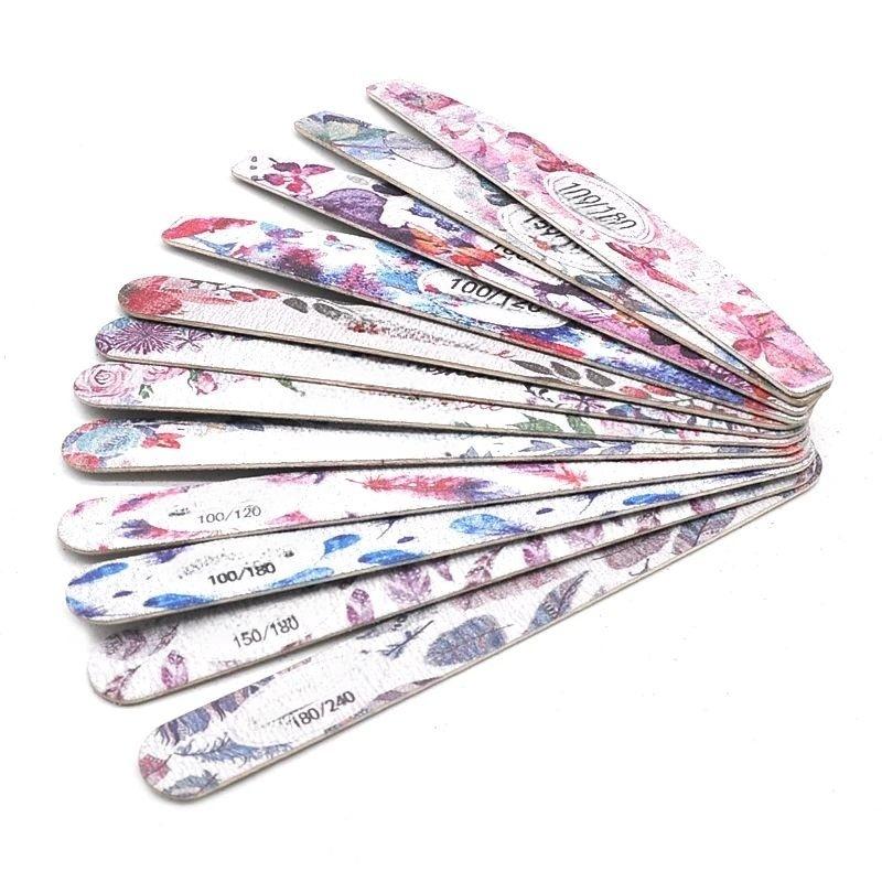 50 Pcs/Lot Printed Sandpaper Wood Nail File Buffer 100/180/240 Multi Design Wooden Unhas Files Washable Strong Thick Nails Files