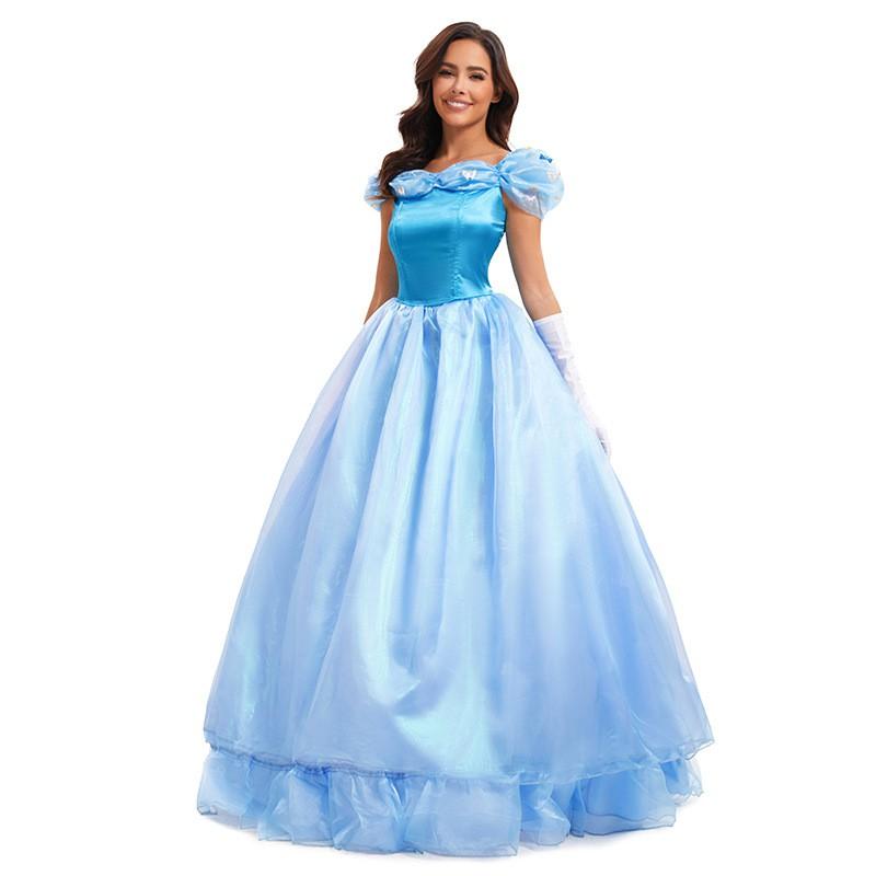 Blue Cinderella Costume Dress With Gloves Optional Hoop Skirt Stage Performance Halloween Cosplay