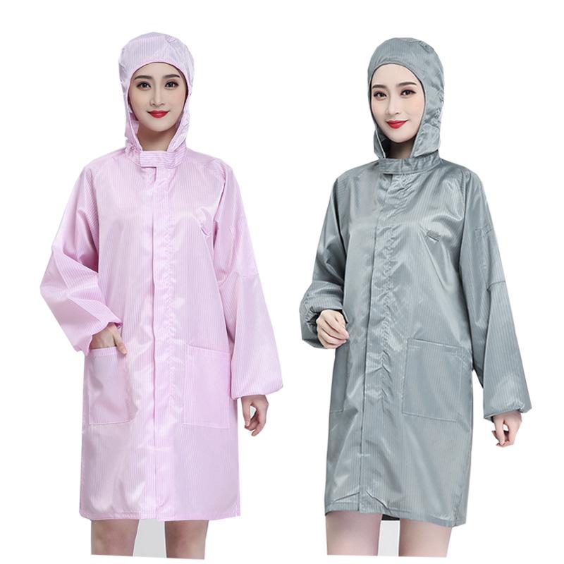 Unisex Anti-Static Dustproof Lab Coat with Hood - Long Sleeve, Blue/White for Cleanroom & Workshop.