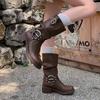 Модные ботинки до середины икры с квадратным носком, женские коричневые полусапоги для женщин, кожаные, новинка в обуви, готические, гяру, по акции, дизайнерские, роскошные