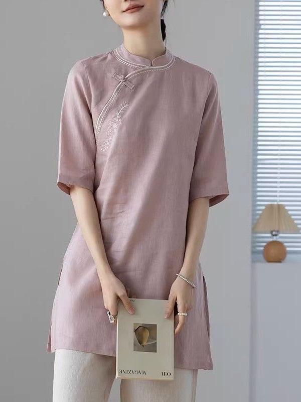 New Arrival: Retro Chinese Style Stand Collar Mid-Length Embroidered Pullover Top – Women's Summer Short Sleeve