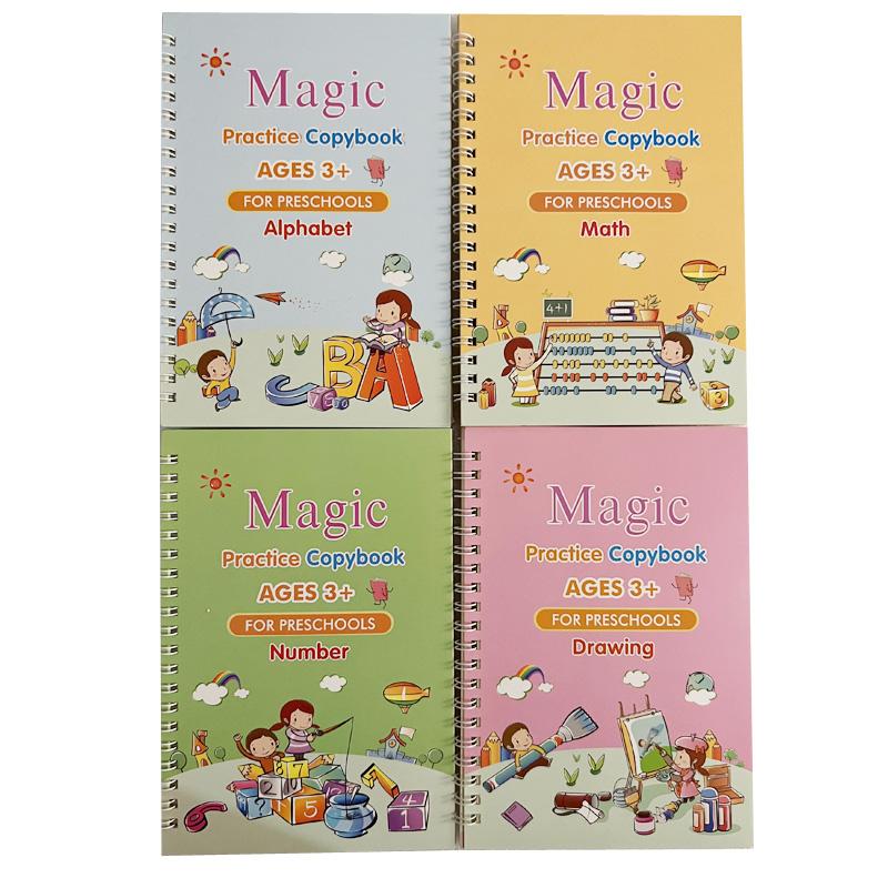 4pcs Children Reusable Writing Book Free Wiping English Verison Kids Calligraphy Magic Practice Copybook Pen Preschools Age 3-8