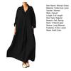 Autumn Spring Women Maxi Dress A-line Loose Hem Long Sleeves V Neck Pleated with Side Pockets Pullover Pure Color Daily Wear DressHandbags