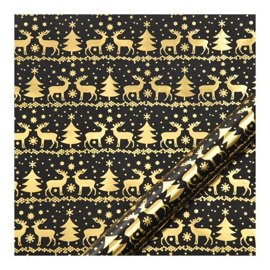 Рождественская двусторонняя рулонная упаковочная бумага Черная Золотая фольга Дизайн Рождественская елка Снежинка Олень Подарочная упаковочная бумага 17" x 190" Джамбо рулон для праздника