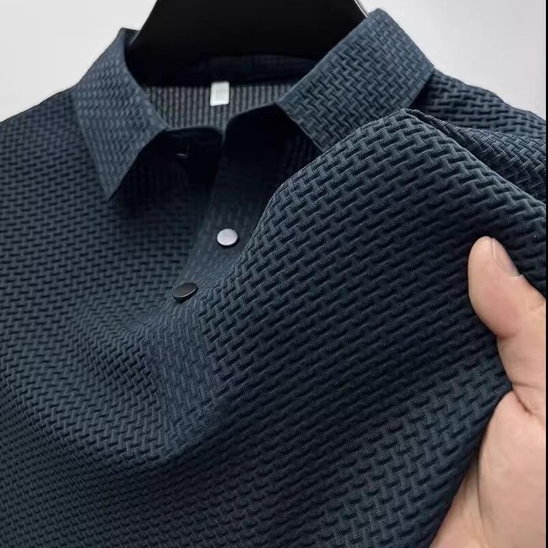 Мужское европейское и американское поло с коротким рукавом из ледяного шелка - Бесшовное, Высокая эластичность, Круглый вырез, Деловой кэжуал