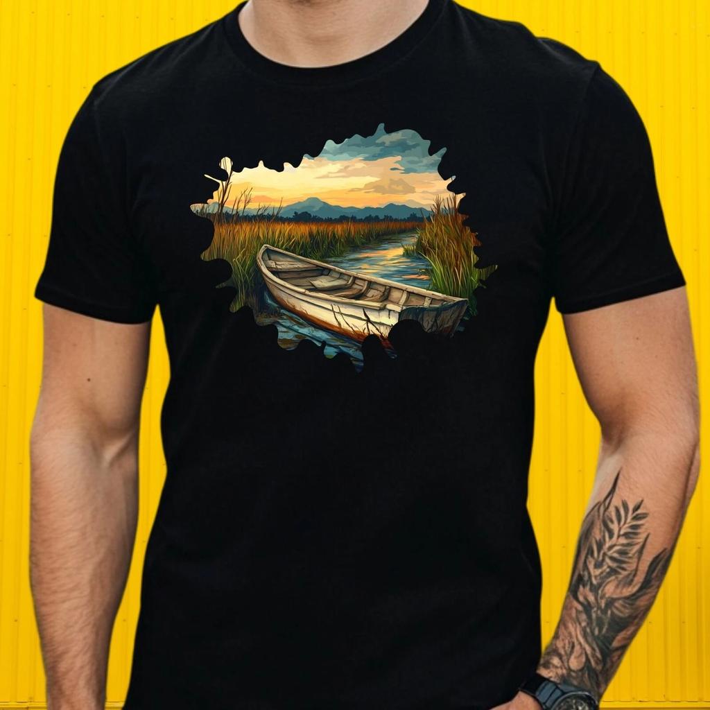 T-Shirt Herren Boot auf Sumpflandschaft Motiv Baumwolle Größe S bis 5XL