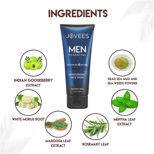 Jovees Herbal Men's Essential 4 in 1 Moisturizing Face Wash with Vitamin C and E 100g for Clean Clear Skin