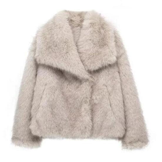 Осень-зима Женский кардиган Пальто Искусственный мех Утолщенный плюш Отложной воротник Чистый цвет Длинные рукава Однотонный кардиган Куртка