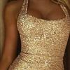 Elegant Gold Sequin Halter Neck Split Hem Midi Dress Women Party Evening Wear
