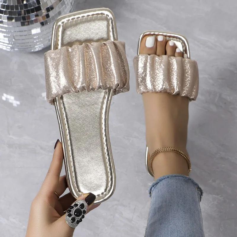 Распродажа модной женской обуви 2024 года, новые женские тапочки с квадратным носком, летние открытые плиссированные легкие плоские повседневные пляжные тапочки большого размера