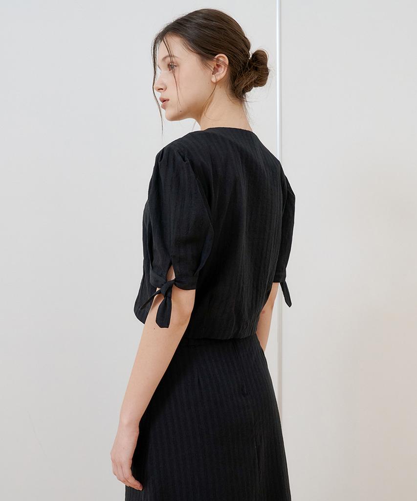 BIBYSEOB Ribbon Sleeve Cotton Blouse Black [T52]
