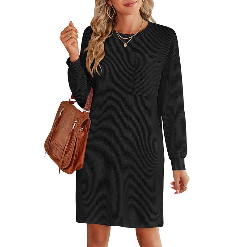 Весенне-осеннее женское повседневное платье в полоску с круглым вырезом и длинными рукавами с карманами