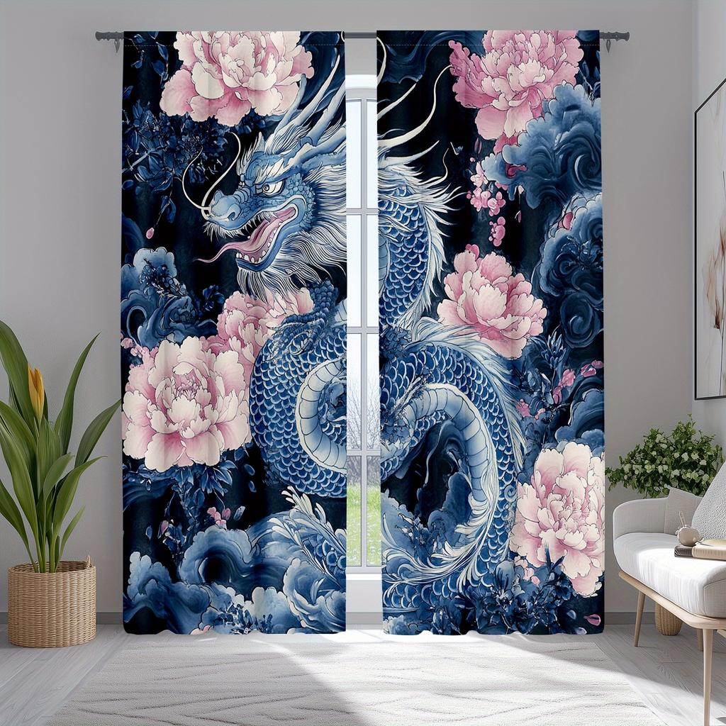 2pcs Japanese Dragon and Flower Curtains, Ancient Mythical Creatures Window Drapes