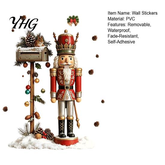 PVC Seasonal Wall Murals for Bedroom Christmas Nutcracker Soldier Decal, Vintage Mailbox Snow Scene Self-Adhesive Retro Style Festive