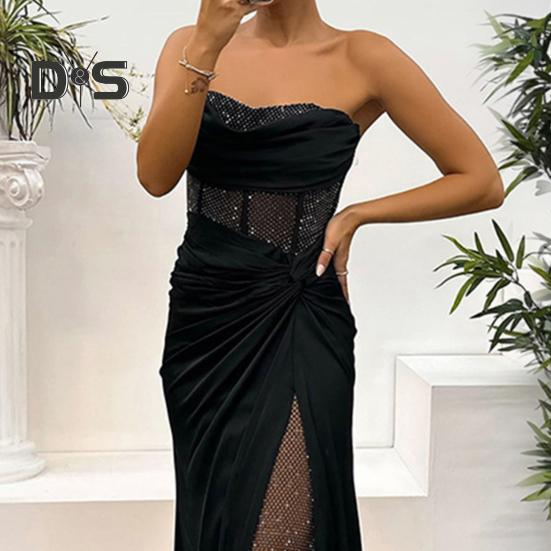 Женское вечернее платье бандо с открытыми плечами без рукавов плиссированное сетчатое платье в стиле пэчворк с блестящими пайетками атласное платье длиной до пола банкетное выпускное платье макси