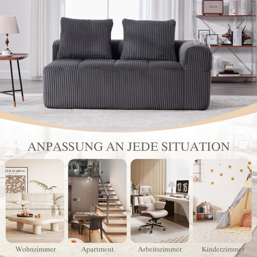 Cozy Corduroy Two-Seater Sofa – No Assembly, Soft Back Cushions, Side Storage Pocket for Remote Control and Phone, Cup Holder – Neat and Aesthetic.