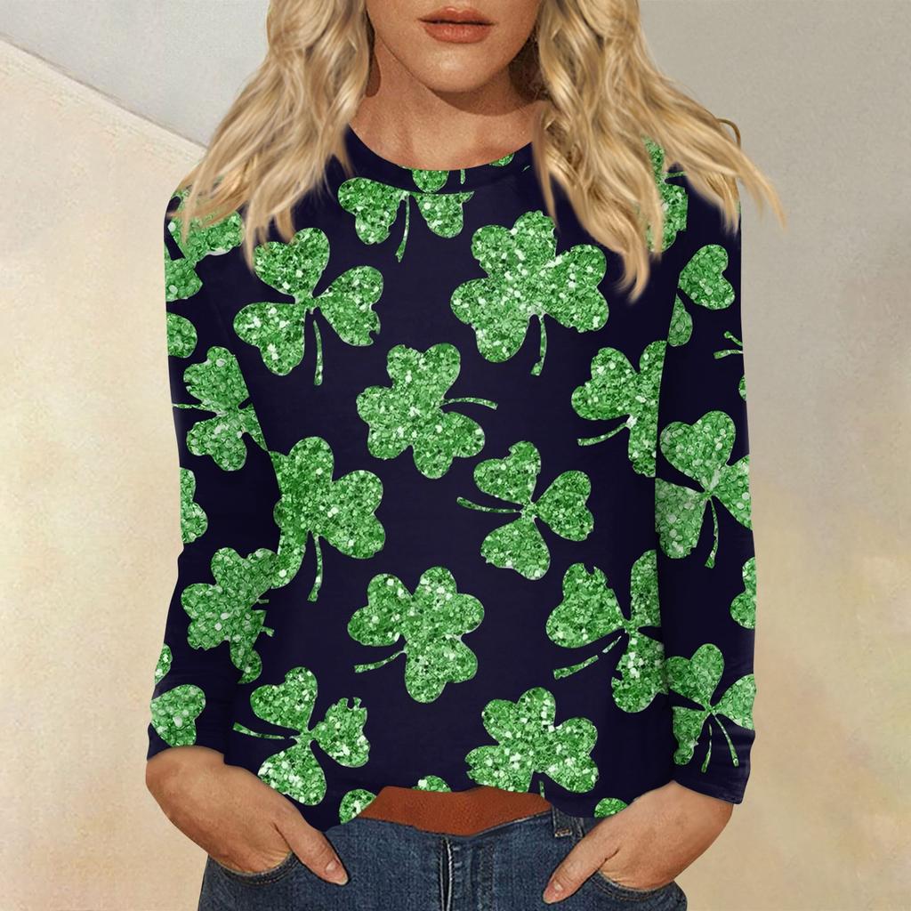 Женская повседневная повседневная рубашка с длинным рукавом. Топ с круглым вырезом и принтом ко Дню Святого Патрика