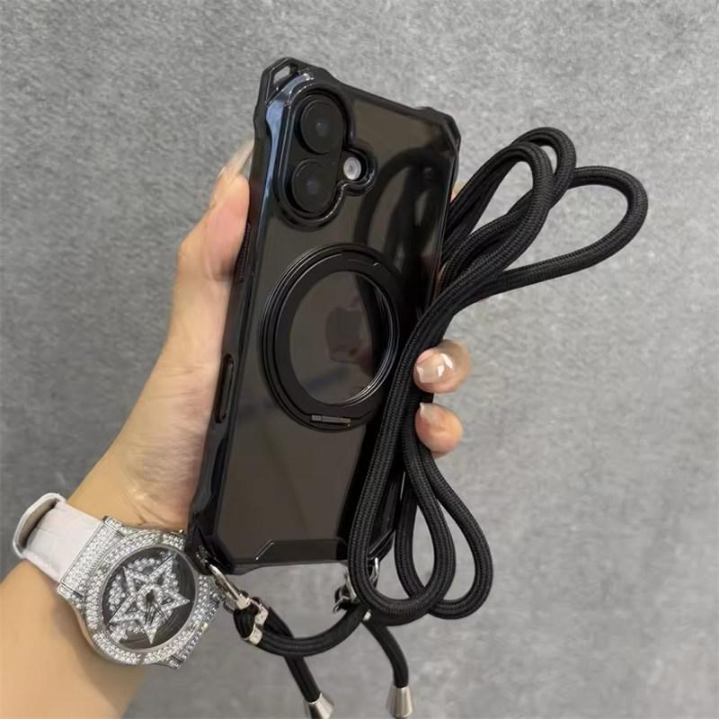 Чехол-держатель с ремешком-шнурком на шею, прозрачный, с магнитной подставкой, для iPhone17 Air 16e 11 12 13 14 15 Pro Max Plus, с плечевым ремнем, жесткая крышка