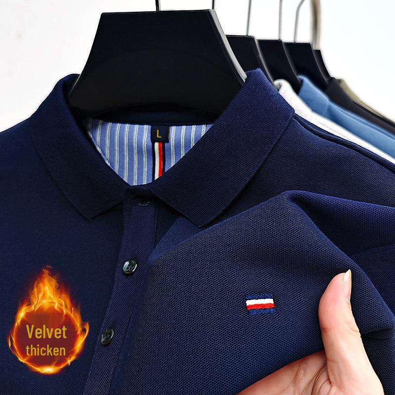 Men's Fleece-Lined Turn-Down Collar Long-Sleeve Polo Shirt - Autumn/Winter Casual Embroidered Warm Top