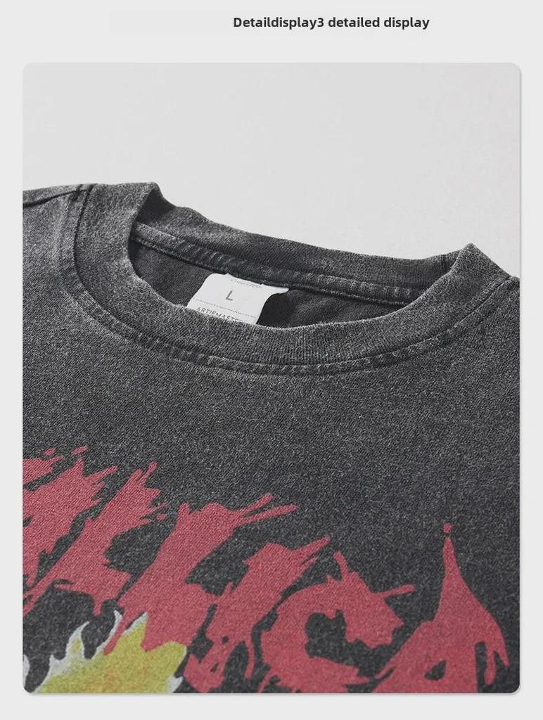 ARTIE Men's Washed Retro Skull Flame T-Shirt - Dark Loose Fit, Trendy Short Sleeve