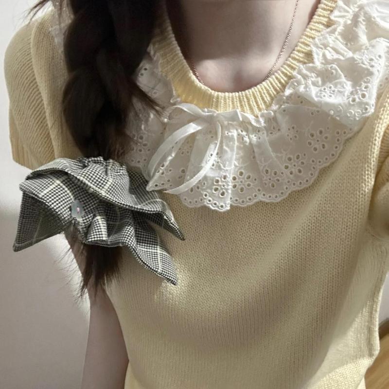 Женская летняя рубашка с короткими рукавами и кружевным бантом во французском стиле