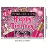 A birthday greeting banner with a shining pink glitter, accompanied by items related to makeup and hairstyling themes