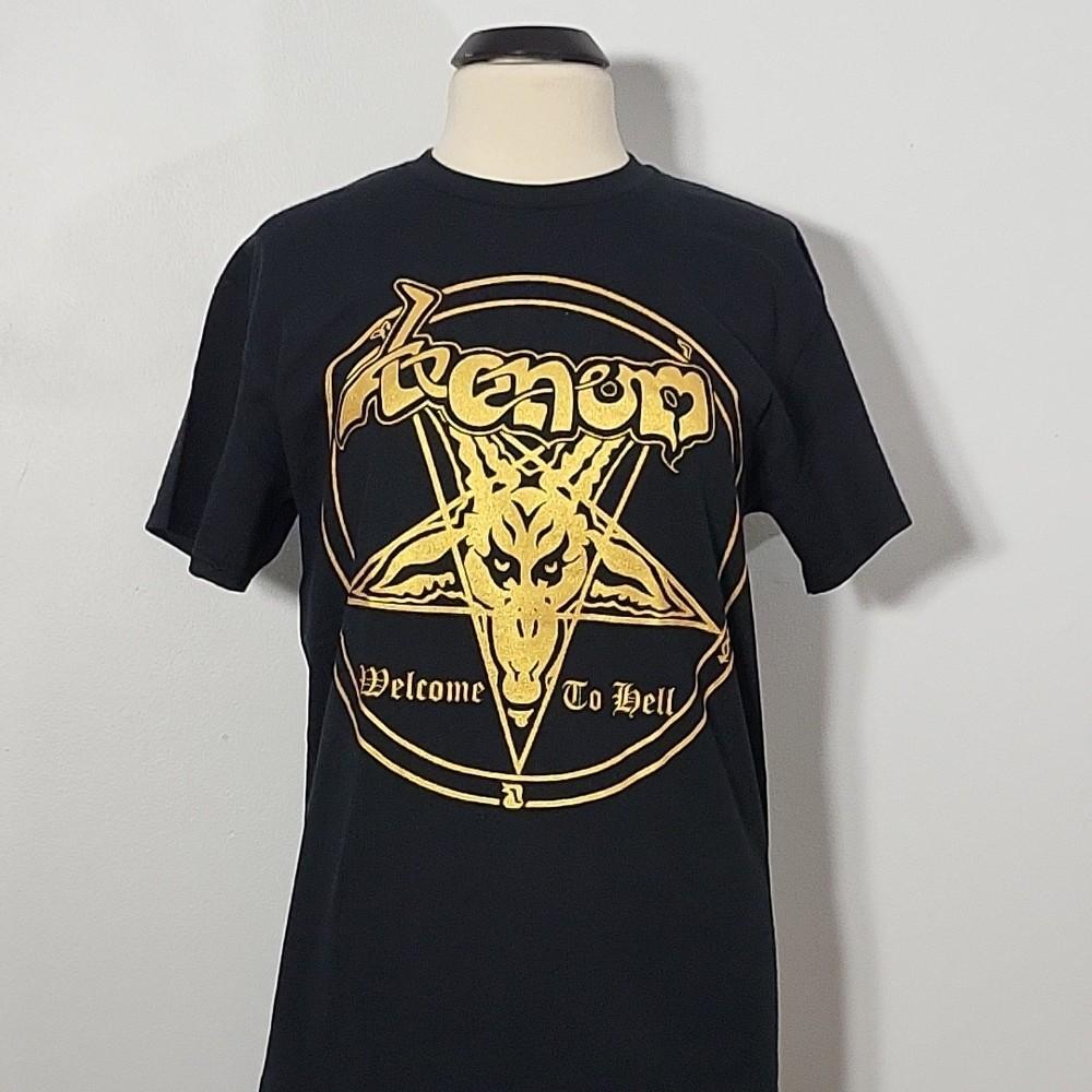 VENOM Welcome To Hell XL T-Shirt Black Mens Shiny Gold Band Logo Unisex T-Shirt