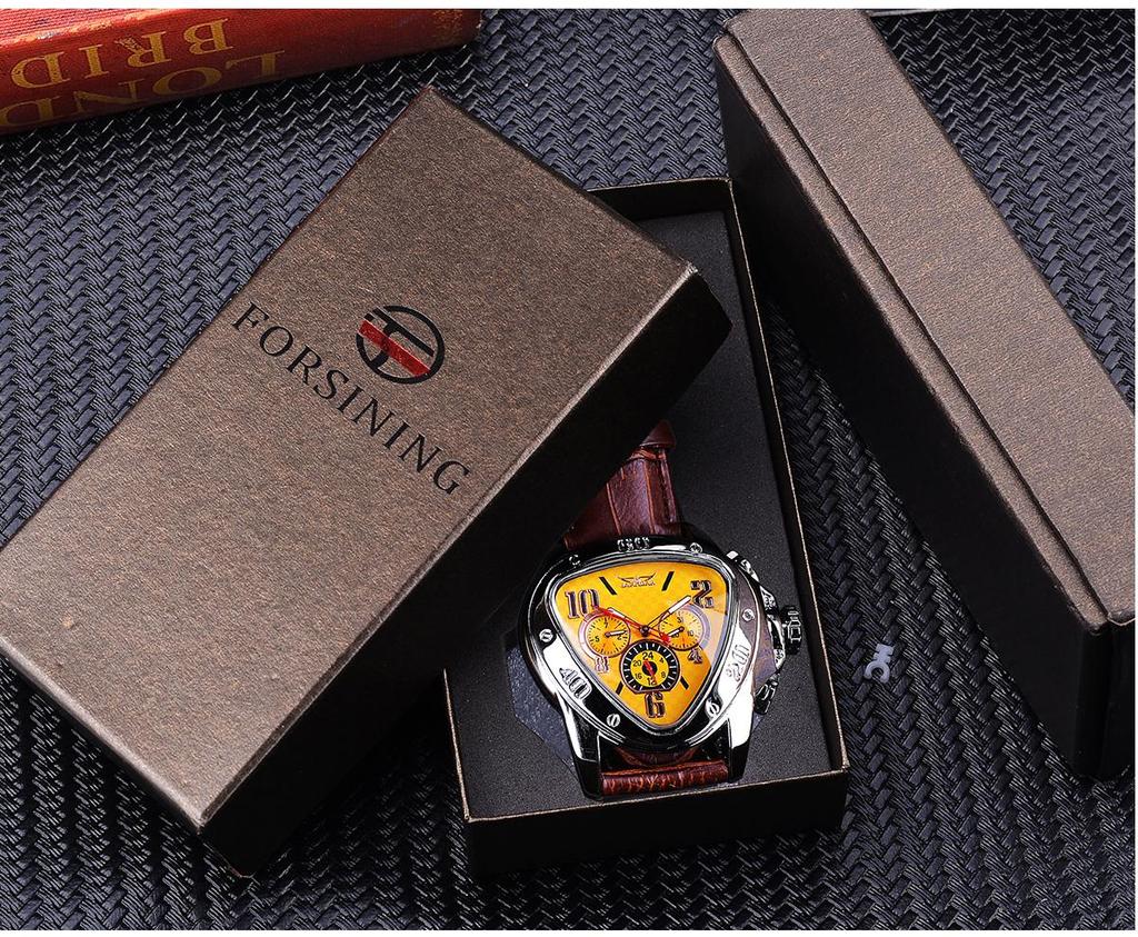 Jaragar Sport Fashion Design Геометрический треугольный корпус Коричневый кожаный ремешок 3 циферблата Мужские часы Лучший бренд Роскошные автоматические часы