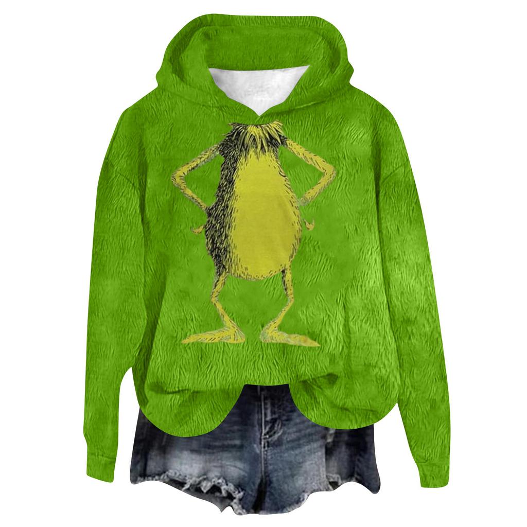 Women's Hooded Long Sleeve Christmas Printed Flannel Top Hooded Sweatshirt